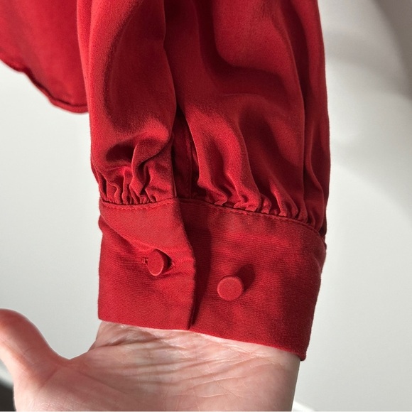 Chicos Size 2 Large Sandwashed Satin Ruffle Blouse Orange Red Lace Up Blouse Top - Picture 7 of 13